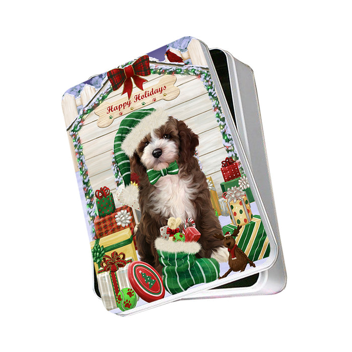 Happy Holidays Christmas Cockapoo Dog With Presents Photo Storage Tin PITN52647