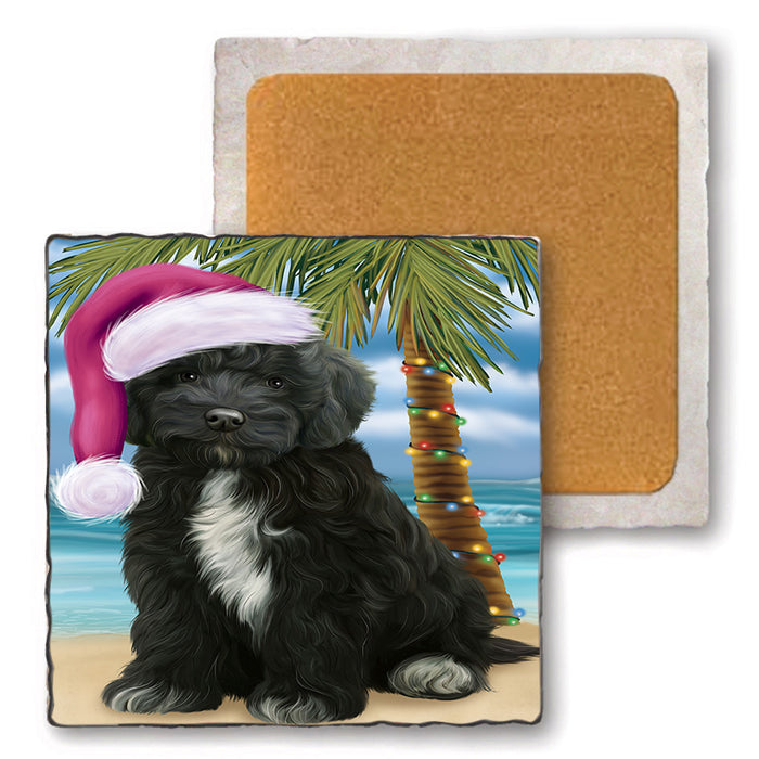 Summertime Happy Holidays Christmas Cockapoo Dog on Tropical Island Beach Set of 4 Natural Stone Marble Tile Coasters MCST49419