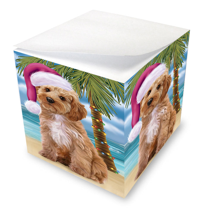 Summertime Happy Holidays Christmas Cockapoo Dog on Tropical Island Beach Note Cube NOC56066