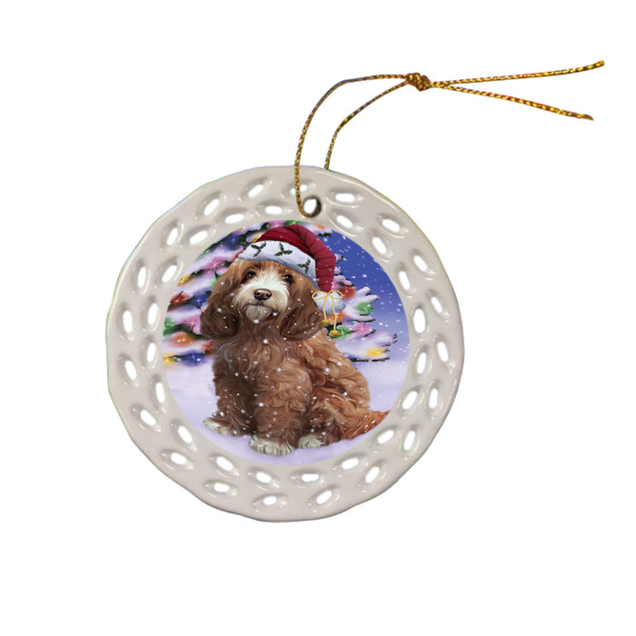 Winterland Wonderland Cockapoo Dog In Christmas Holiday Scenic Background Ceramic Doily Ornament DPOR53744