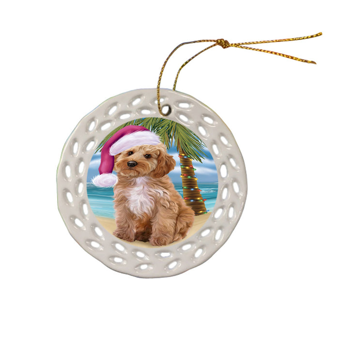 Summertime Happy Holidays Christmas Cockapoo Dog on Tropical Island Beach Ceramic Doily Ornament DPOR54548