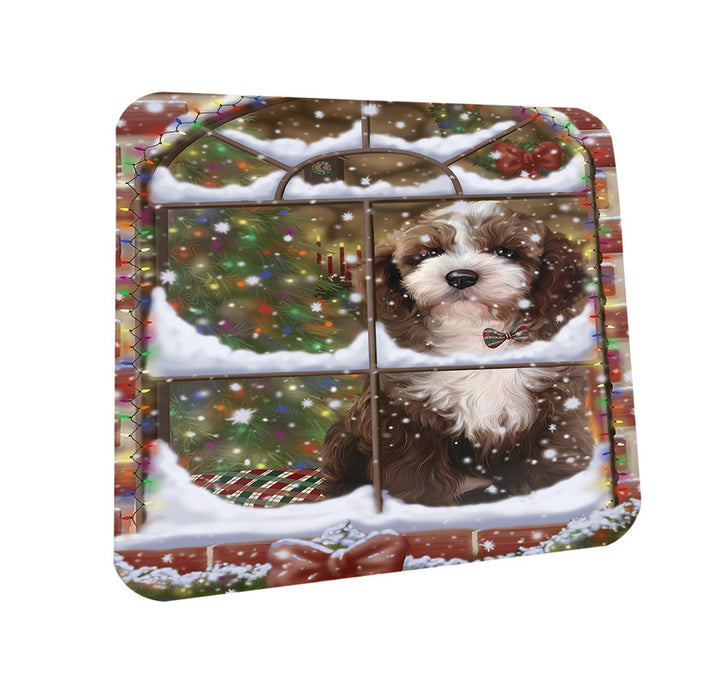 Please Come Home For Christmas Cockapoo Dog Sitting In Window Coasters Set of 4 CST53582