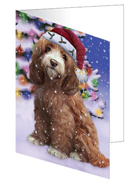 Winterland Wonderland Cockapoo Dog In Christmas Holiday Scenic Background Handmade Artwork Assorted Pets Greeting Cards and Note Cards with Envelopes for All Occasions and Holiday Seasons GCD65261