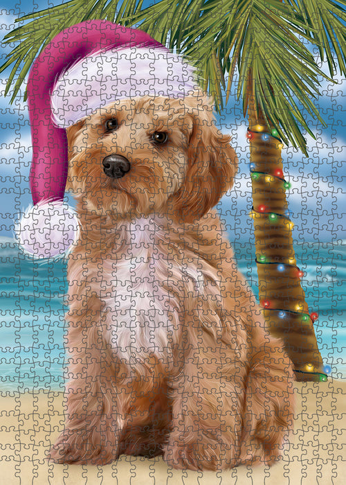 Summertime Happy Holidays Christmas Cockapoo Dog on Tropical Island Beach Puzzle with Photo Tin PUZL85348