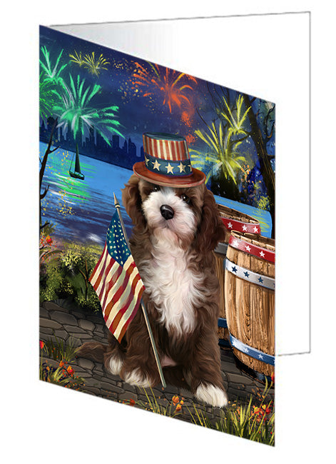 4th of July Independence Day Fireworks Cockapoo Dog at the Lake Handmade Artwork Assorted Pets Greeting Cards and Note Cards with Envelopes for All Occasions and Holiday Seasons GCD57419