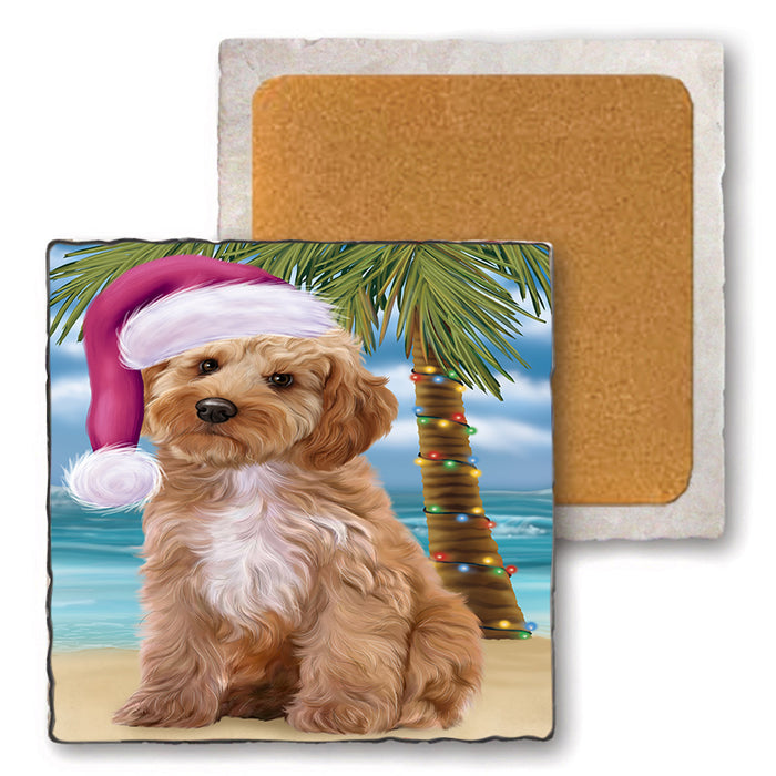 Summertime Happy Holidays Christmas Cockapoo Dog on Tropical Island Beach Set of 4 Natural Stone Marble Tile Coasters MCST49420