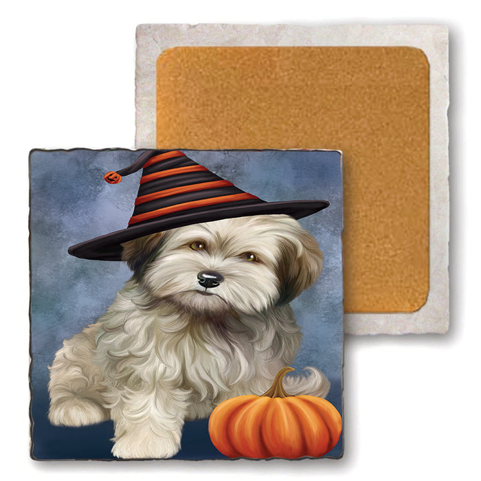 Happy Halloween Cockapoo Dog Wearing Witch Hat with Pumpkin Set of 4 Natural Stone Marble Tile Coasters MCST49890