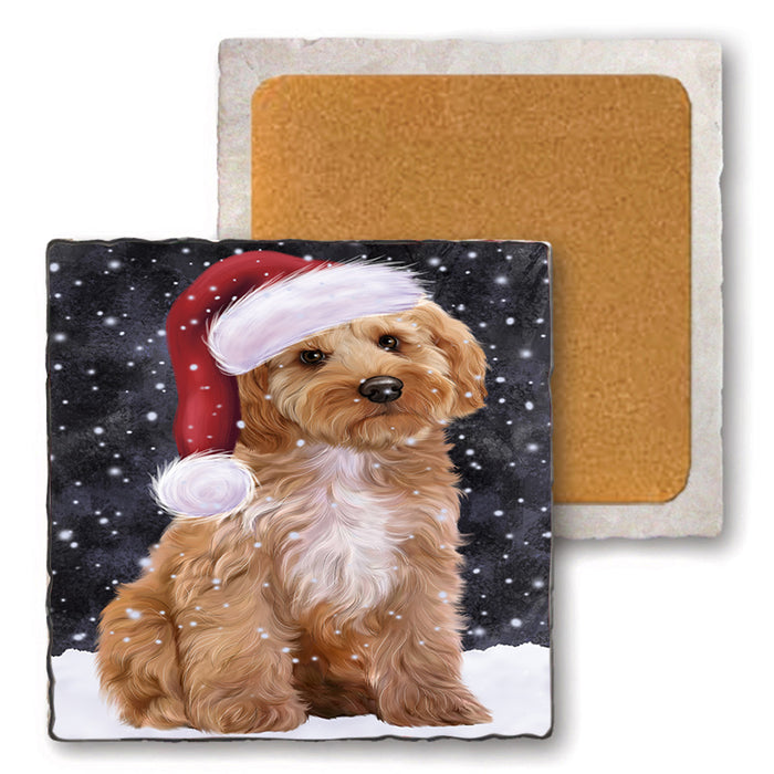 Let it Snow Christmas Holiday Cockapoo Dog Wearing Santa Hat Set of 4 Natural Stone Marble Tile Coasters MCST49290