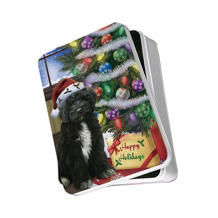Christmas Happy Holidays Cockapoo Dog with Tree and Presents Photo Storage Tin PITN53450