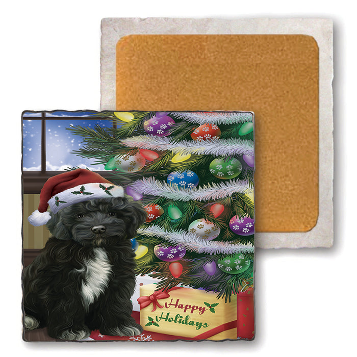 Christmas Happy Holidays Cockapoo Dog with Tree and Presents Set of 4 Natural Stone Marble Tile Coasters MCST48450