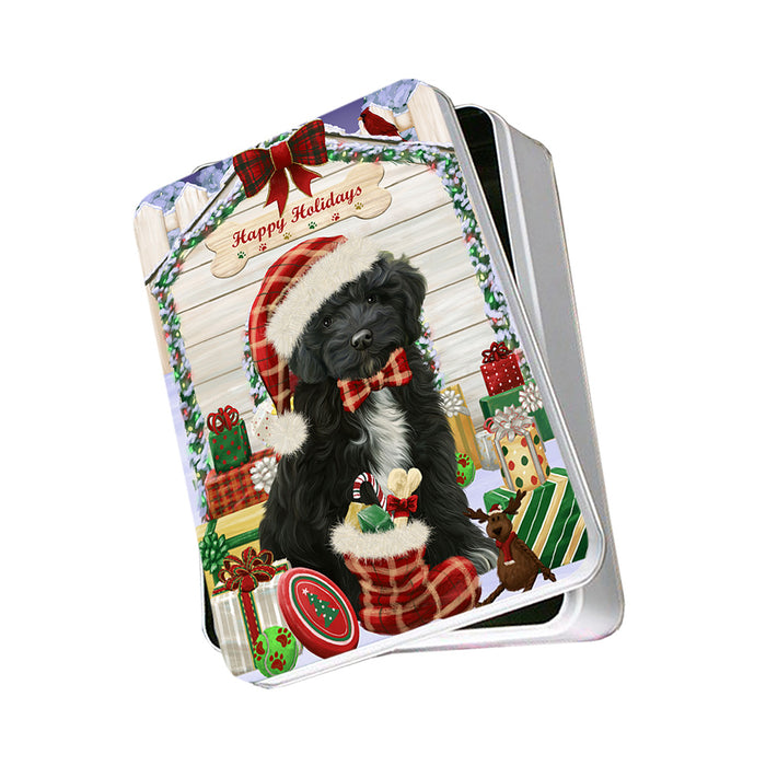 Happy Holidays Christmas Cockapoo Dog With Presents Photo Storage Tin PITN52648