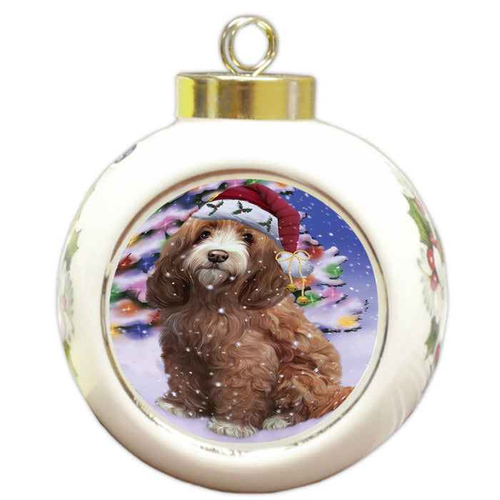 Winterland Wonderland Cockapoo Dog In Christmas Holiday Scenic Background Round Ball Christmas Ornament RBPOR53744