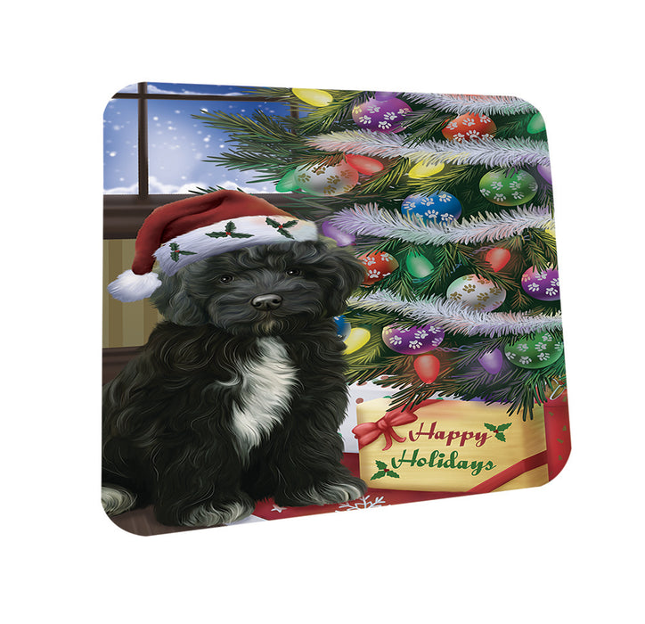 Christmas Happy Holidays Cockapoo Dog with Tree and Presents Coasters Set of 4 CST53408