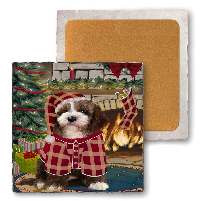 The Stocking was Hung Cockapoo Dog Set of 4 Natural Stone Marble Tile Coasters MCST50282