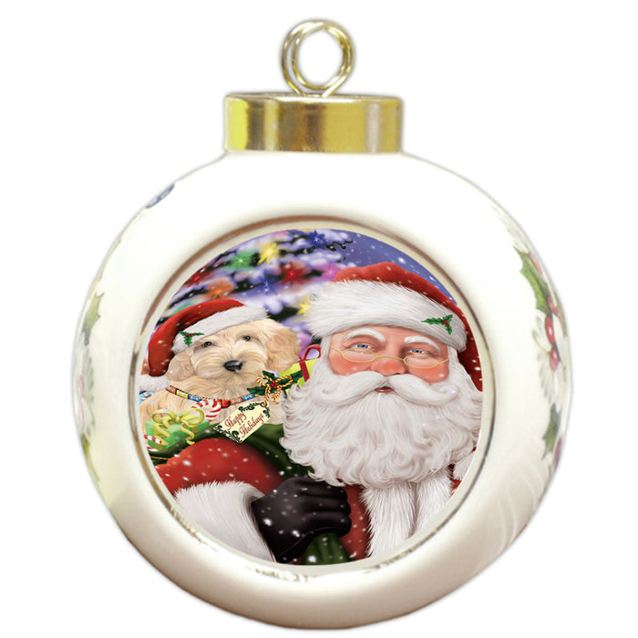 Santa Carrying Cockapoo Dog and Christmas Presents Round Ball Christmas Ornament RBPOR53681