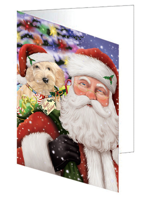 Santa Carrying Cockapoo Dog and Christmas Presents Handmade Artwork Assorted Pets Greeting Cards and Note Cards with Envelopes for All Occasions and Holiday Seasons GCD65072