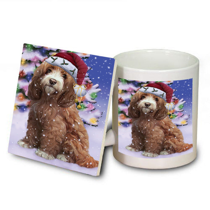 Winterland Wonderland Cockapoo Dog In Christmas Holiday Scenic Background Mug and Coaster Set MUC53736