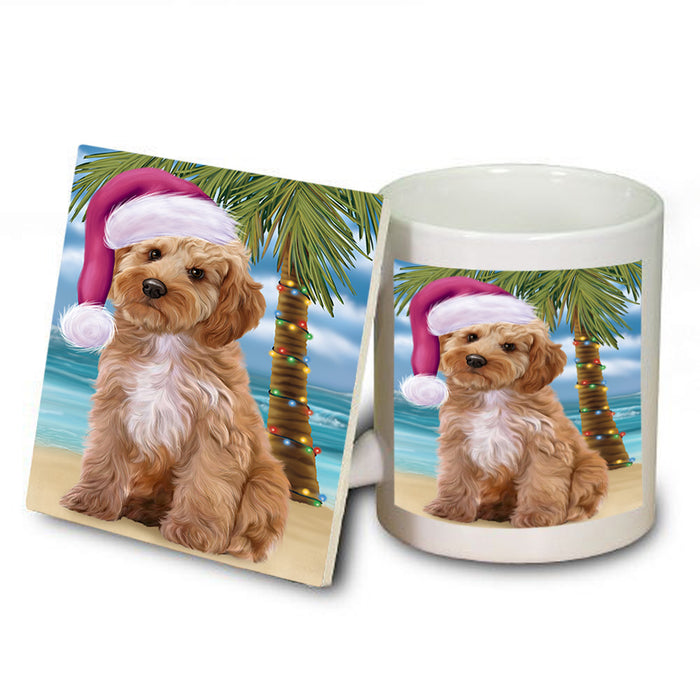 Summertime Happy Holidays Christmas Cockapoo Dog on Tropical Island Beach Mug and Coaster Set MUC54412