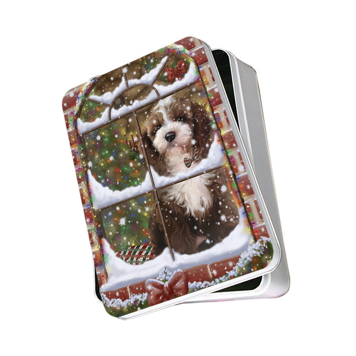 Please Come Home For Christmas Cockapoo Dog Sitting In Window Photo Storage Tin PITN57538