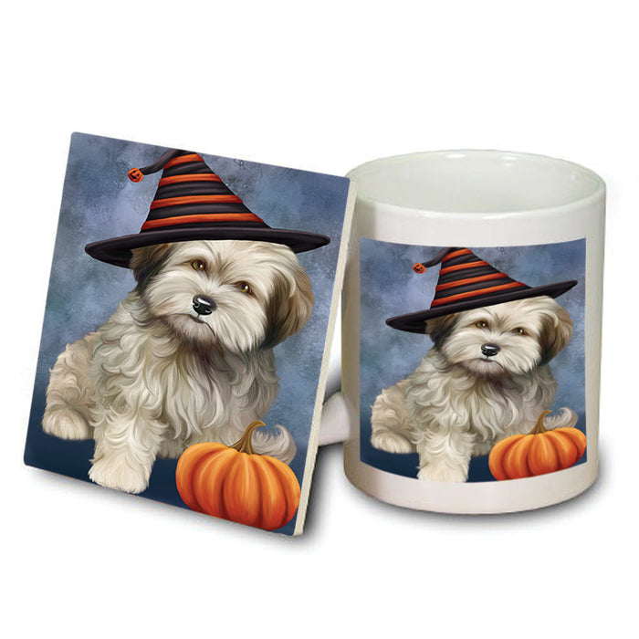 Happy Halloween Cockapoo Dog Wearing Witch Hat with Pumpkin Mug and Coaster Set MUC54882