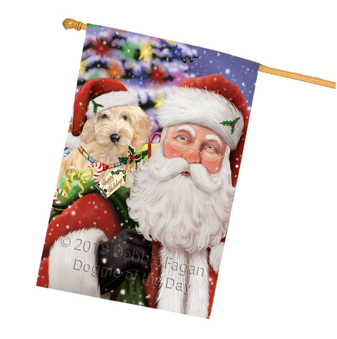 Santa Carrying Cockapoo Dog and Christmas Presents House Flag FLG53879