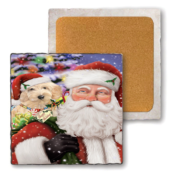 Santa Carrying Cockapoo Dog and Christmas Presents Set of 4 Natural Stone Marble Tile Coasters MCST48681