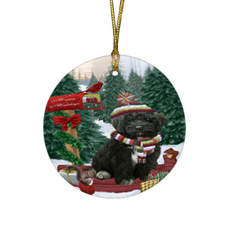 Merry Christmas Woodland Sled Cockapoo Dog Round Flat Christmas Ornament RFPOR55263