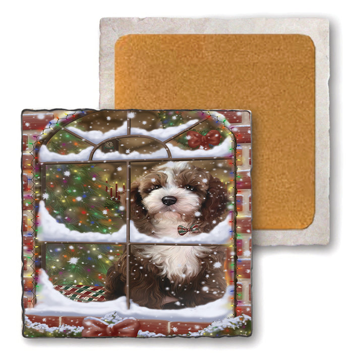 Please Come Home For Christmas Cockapoo Dog Sitting In Window Set of 4 Natural Stone Marble Tile Coasters MCST48624