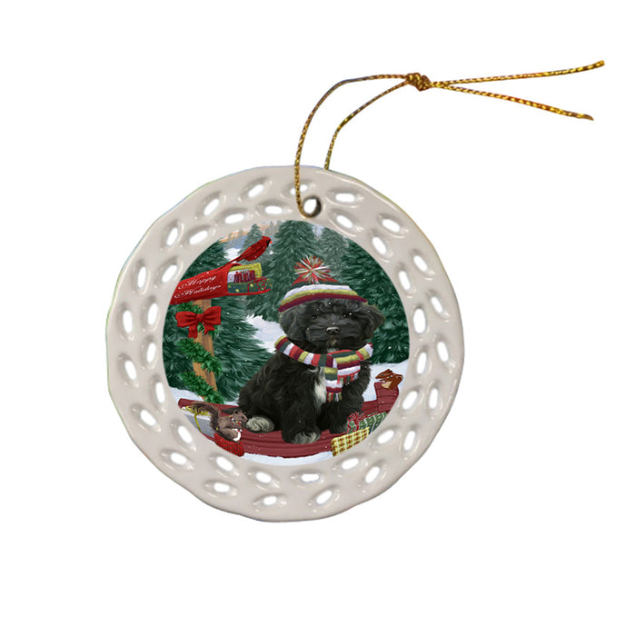 Merry Christmas Woodland Sled Cockapoo Dog Ceramic Doily Ornament DPOR55263