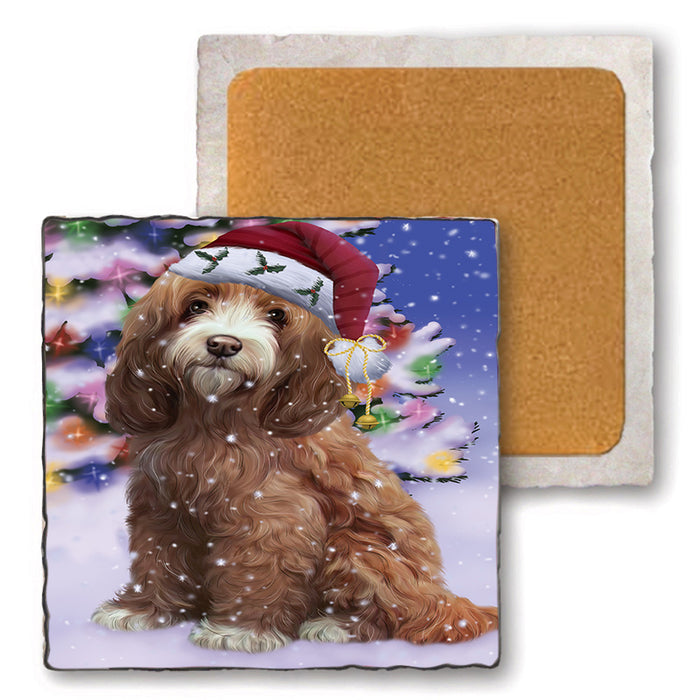 Winterland Wonderland Cockapoo Dog In Christmas Holiday Scenic Background Set of 4 Natural Stone Marble Tile Coasters MCST48744