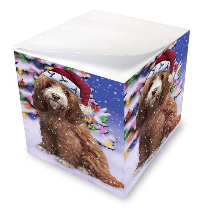 Winterland Wonderland Cockapoo Dog In Christmas Holiday Scenic Background Note Cube NOC55390