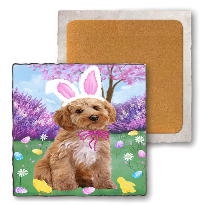 Easter Holiday Cockapoo Dog Set of 4 Natural Stone Marble Tile Coasters MCST51889
