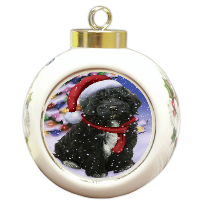 Winterland Wonderland Cockapoo Dog In Christmas Holiday Scenic Background Round Ball Christmas Ornament RBPOR53745