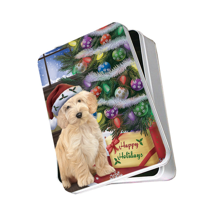 Christmas Happy Holidays Cockapoo Dog with Tree and Presents Photo Storage Tin PITN53451