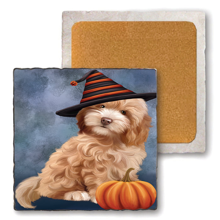 Happy Halloween Cockapoo Dog Wearing Witch Hat with Pumpkin Set of 4 Natural Stone Marble Tile Coasters MCST49891