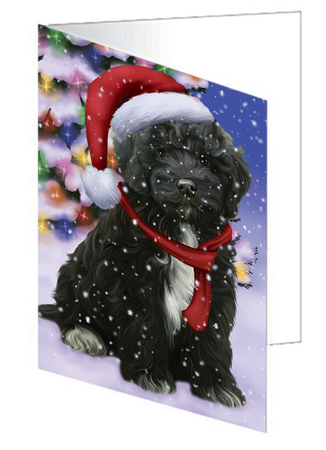 Winterland Wonderland Cockapoo Dog In Christmas Holiday Scenic Background Handmade Artwork Assorted Pets Greeting Cards and Note Cards with Envelopes for All Occasions and Holiday Seasons GCD65264