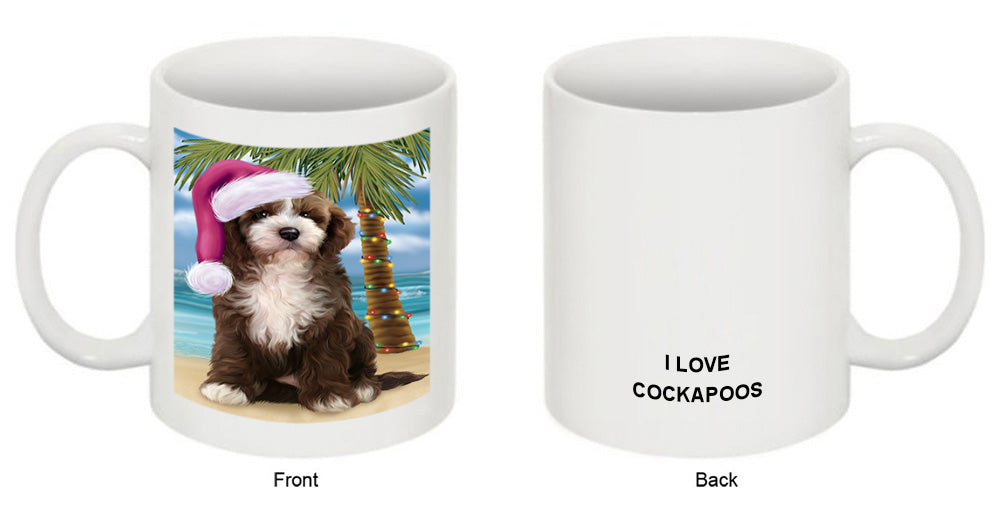 Summertime Happy Holidays Christmas Cockapoo Dog on Tropical Island Beach Coffee Mug MUG49819
