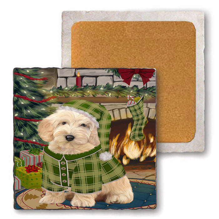 The Stocking was Hung Cockapoo Dog Set of 4 Natural Stone Marble Tile Coasters MCST50283