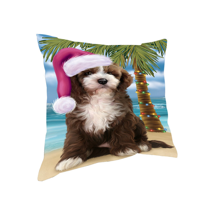 Summertime Happy Holidays Christmas Cockapoo Dog on Tropical Island Beach Pillow PIL74820
