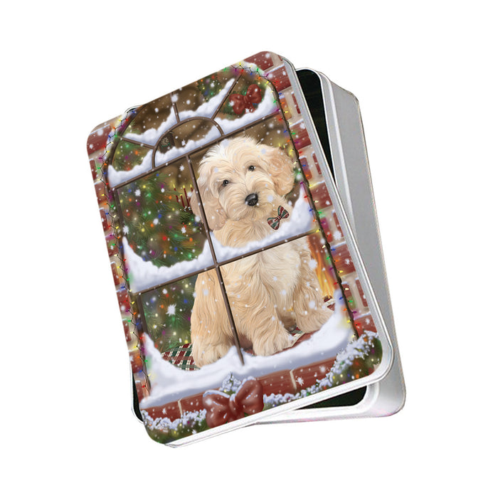 Please Come Home For Christmas Cockapoo Dog Sitting In Window Photo Storage Tin PITN57539