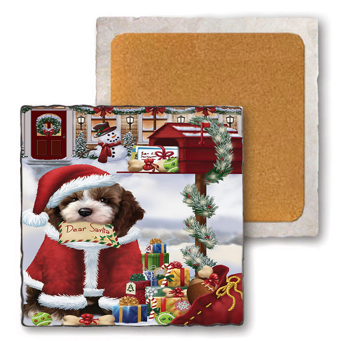 Cockapoo Dog Dear Santa Letter Christmas Holiday Mailbox Set of 4 Natural Stone Marble Tile Coasters MCST48532