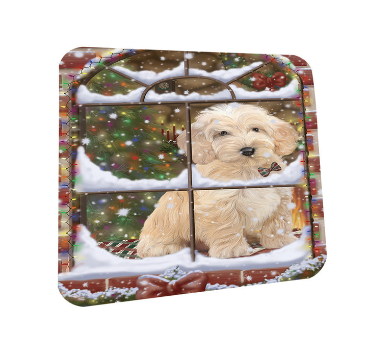 Please Come Home For Christmas Cockapoo Dog Sitting In Window Coasters Set of 4 CST53583