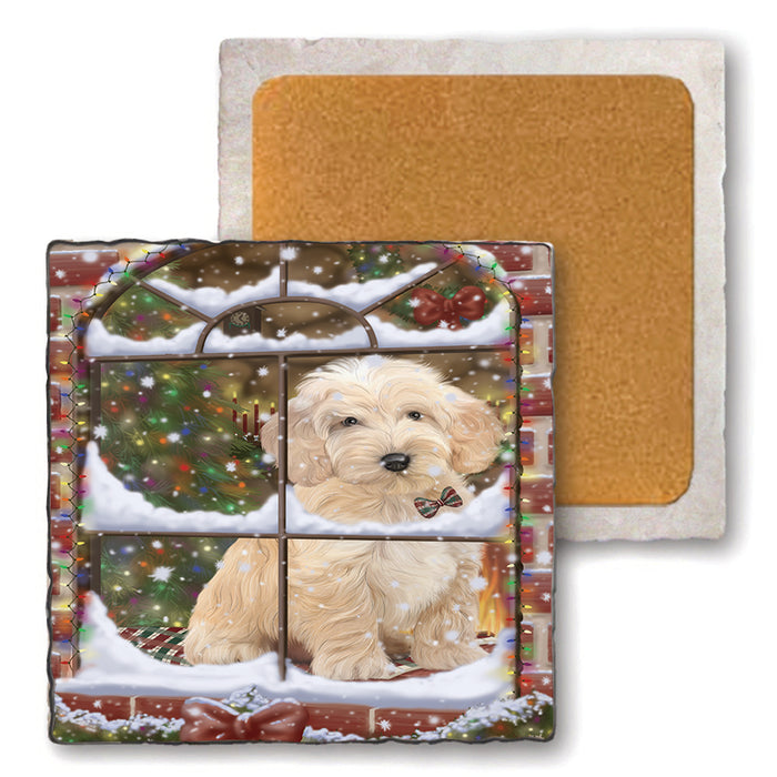 Please Come Home For Christmas Cockapoo Dog Sitting In Window Set of 4 Natural Stone Marble Tile Coasters MCST48625