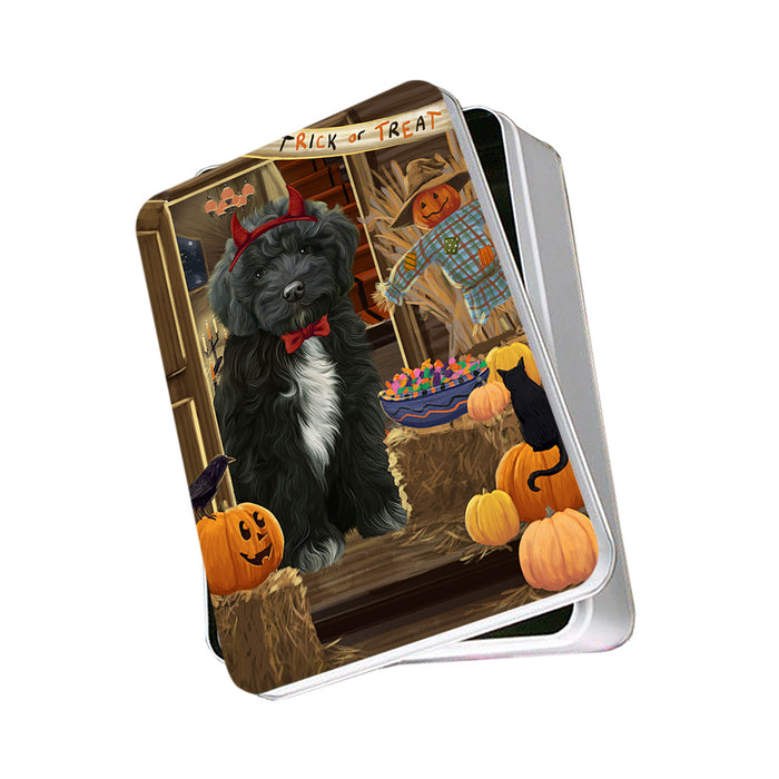 Enter at Own Risk Trick or Treat Halloween Cockapoo Dog Photo Storage Tin PITN53092