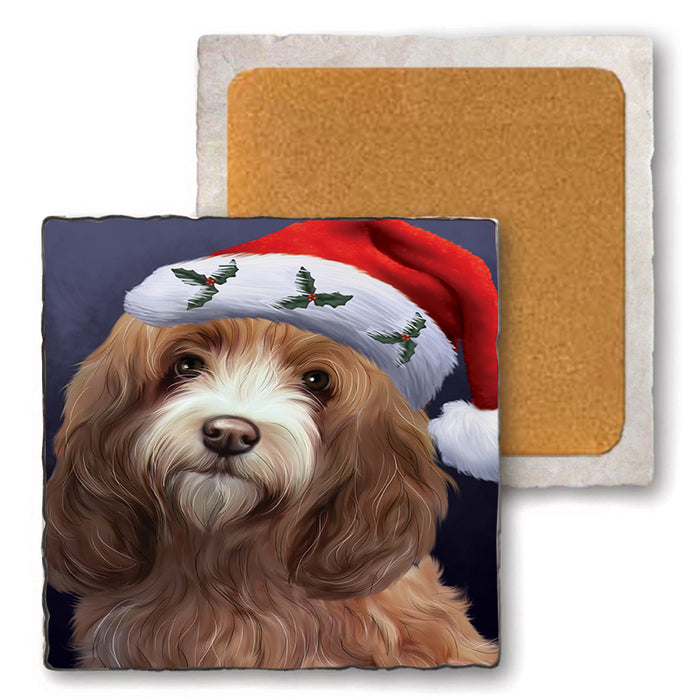 Christmas Holidays Cockapoo Dog Wearing Santa Hat Portrait Head Set of 4 Natural Stone Marble Tile Coasters MCST48494