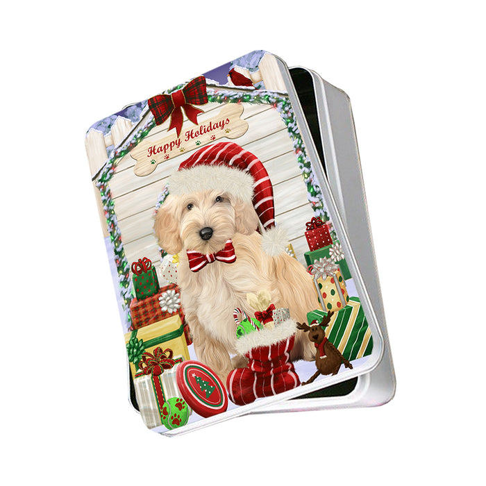 Happy Holidays Christmas Cockapoo Dog With Presents Photo Storage Tin PITN52649