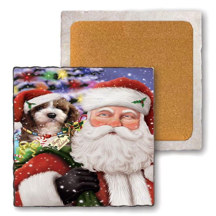 Santa Carrying Cockapoo Dog and Christmas Presents Set of 4 Natural Stone Marble Tile Coasters MCST48682