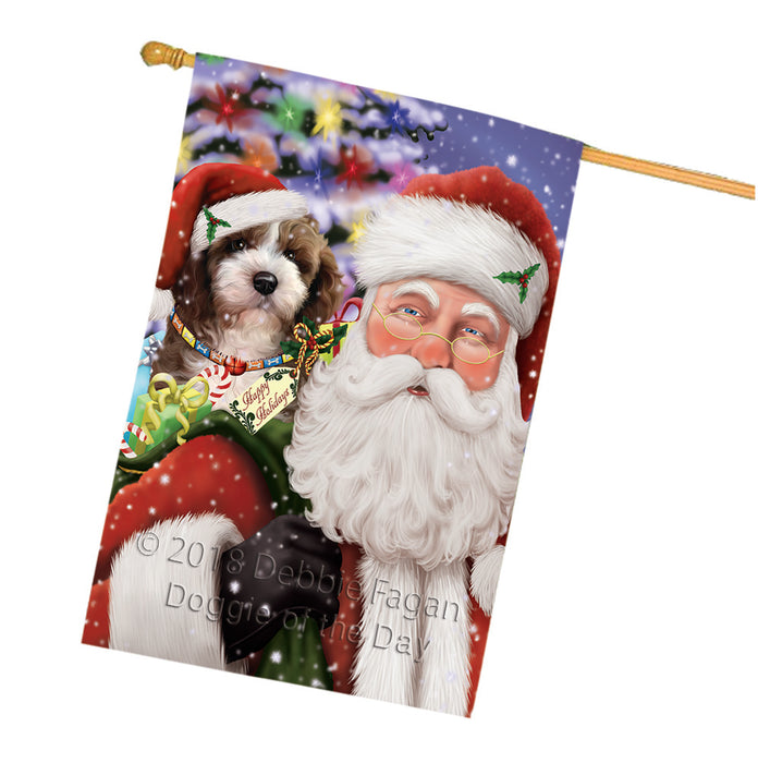 Santa Carrying Cockapoo Dog and Christmas Presents House Flag FLG53880