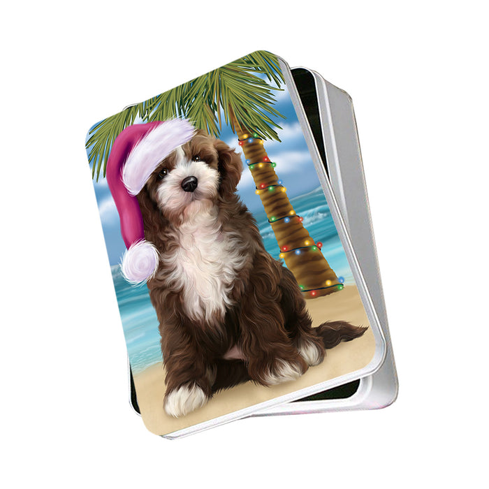 Summertime Happy Holidays Christmas Cockapoo Dog on Tropical Island Beach Photo Storage Tin PITN54364