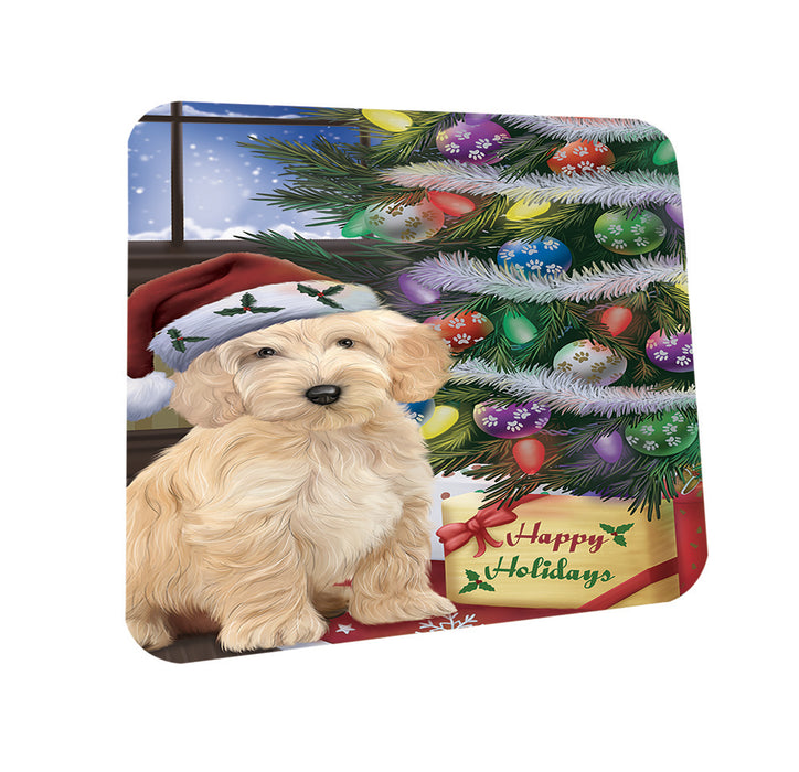 Christmas Happy Holidays Cockapoo Dog with Tree and Presents Coasters Set of 4 CST53409
